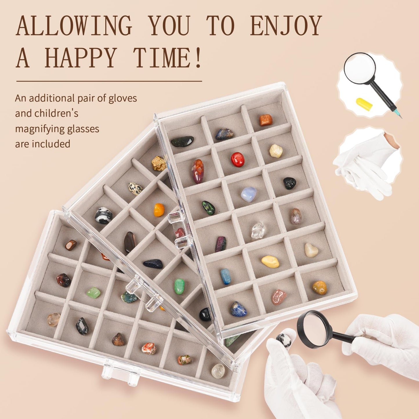 Bfttlity Acrylic Rock Display Case,54 Grids Rock Collection Box for Kids with Mini Magnifying Glass and Gloves, Clear Display Cases for Stones Collectibles Gemstone Crystals Storage Boxes