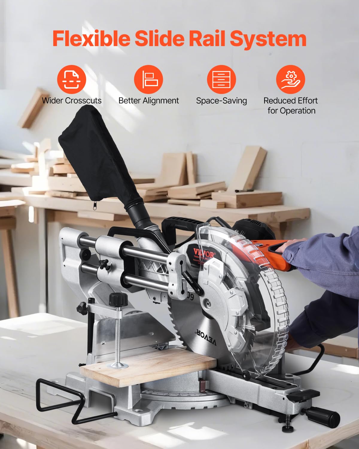 VEVOR Sliding Compound Miter Saw, 12-Inch Blade, 15 Amp Motor, 60-Tooth, Corded Double Bevel Sliding Miter Saw, LED Precision Alignment, Angle Adjustable, for Wood, Composite Decking, Laminates