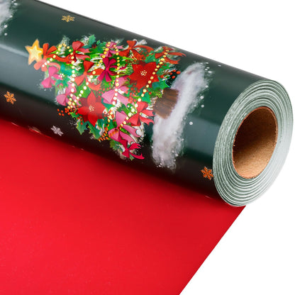 Burymento Christmas Wrapping Paper, Reversible Green Christmas Tree with Red Bow Design Gift Wrapping Paper Suitable for Holiday, Mini Roll (17 Inch X 32.8 Feet)