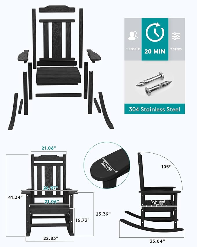 SERWALL Outdoor Rocking Chair Set of 6, Patio Rocking Chair Sets, HDPE Rocking Chair for Adults, Black