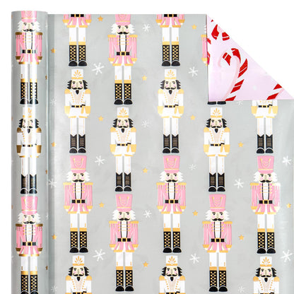 WRAPAHOLIC Reversible Nutcracker Christmas Wrapping Paper - Mini Roll - 17 Inch x 33 Feet - Nutcracker and Candy Cane Design Printed on Pearlized Paper for Chrsitmas, Holiday, Party Celebration