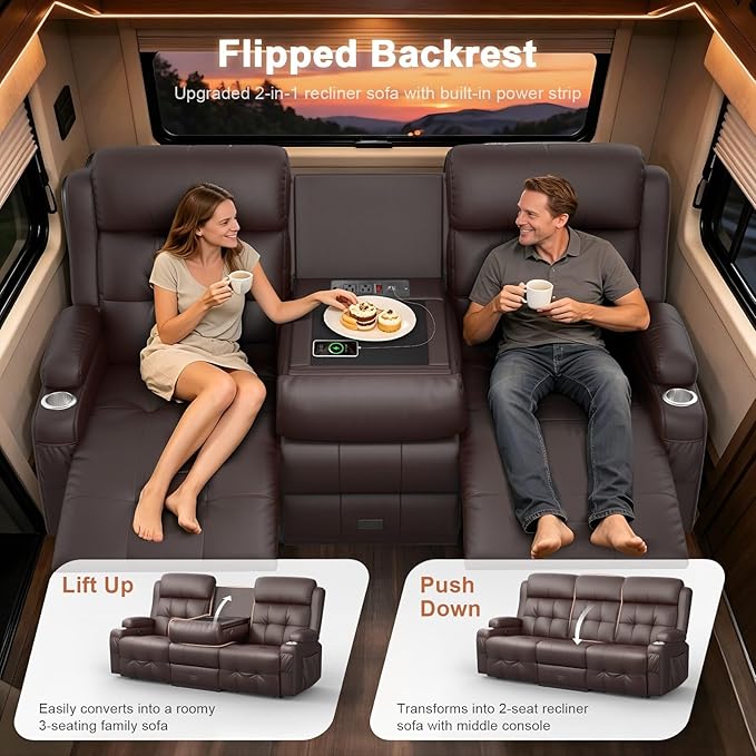 RV Loveseat Recliner Sofa, Built-in Power Strip, Massage Wall Hugger 3-Seater