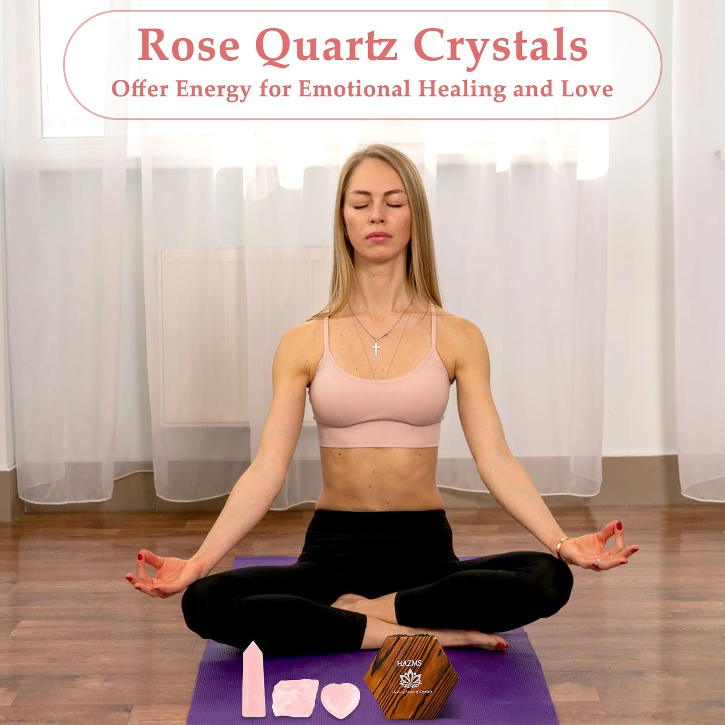 Hazms Rose Quartz Crystals with Wooden Gift Box, Crystals and Healing Stones Set with Rose Quartz Tower, Heart Stone, Raw Crystals for Love, Meditation, Chakra, Reiki, Home Decor- Gift for Women