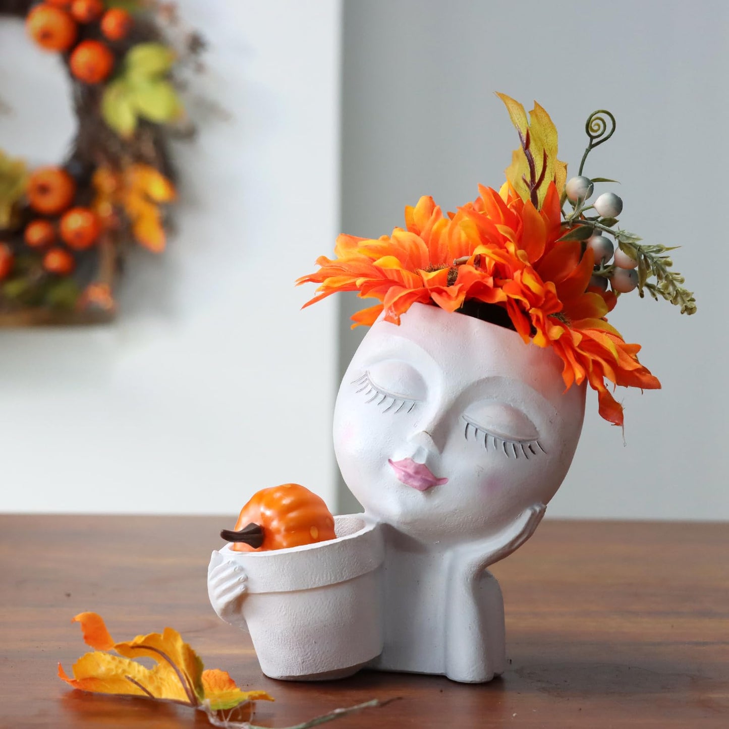 Face Planter Pot, 2-in-1 Resin Head Planter with Mini Pot, Cute Lady Flower Pots with Drainage for Indoor Outdoor Plants, Unique Succulent Cactus Planter, Ideal Gardening Gifts for Women Mom (White)