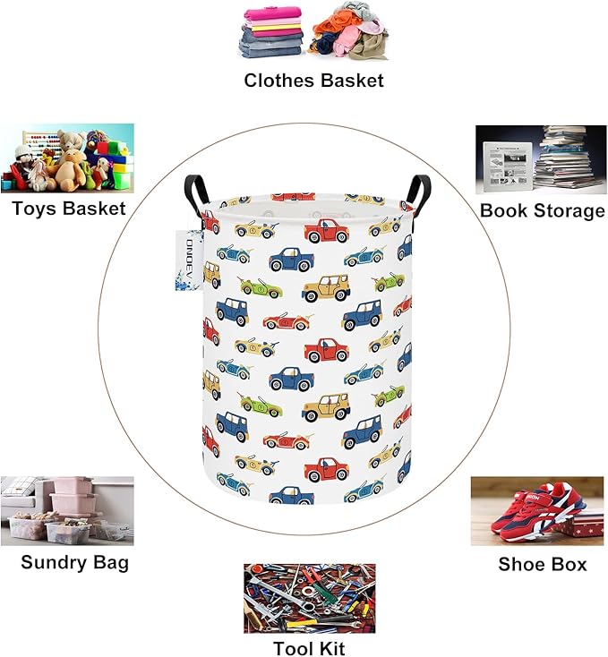 Round Foldable Kids' Racing Cars Laundry Hamper Boys Gift Basket Vehicles