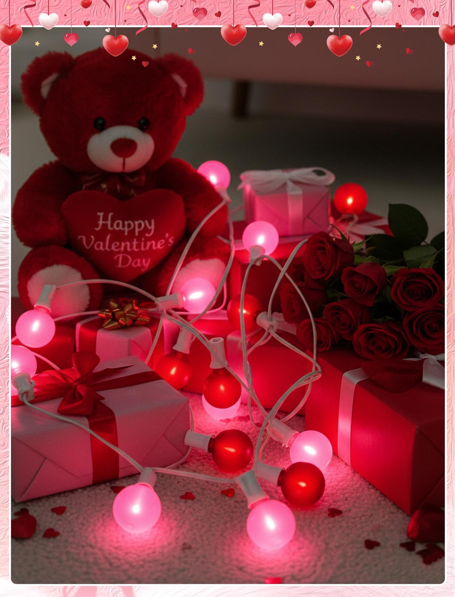 G40 LED Valentine’s Day String Lights, 25Ft Valentines Decorations Lights Outdoor with Frosted Red Pink Round Bulbs, Hanging Patio Lights Shatterproof for 4th of July Independence Day Patriotic Party