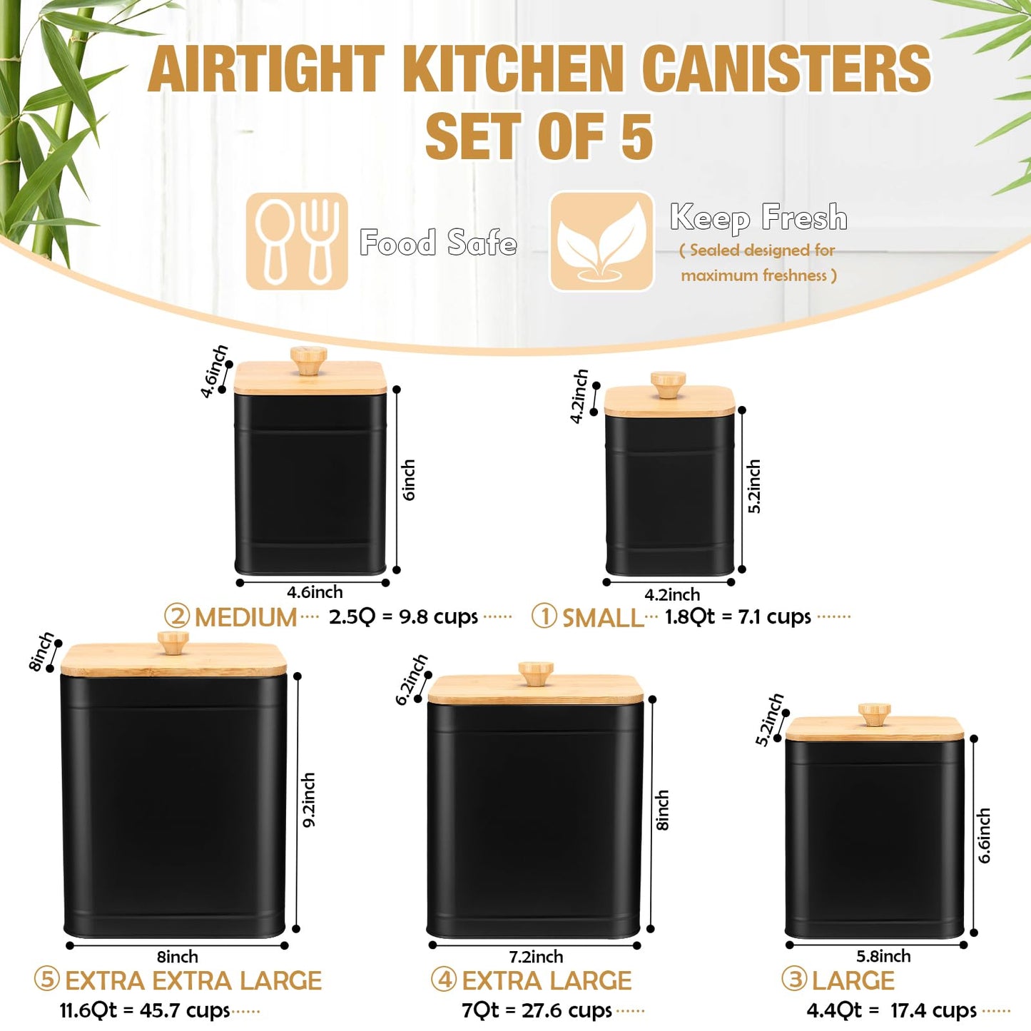 Buryeah 5 Pcs Kitchen Canisters for Countertop with Labels Airtight Metal Containers Coffee Tea Sugar Flour Jars with Spoon Farmhouse Big Food Storage Set for Kitchen(Black)