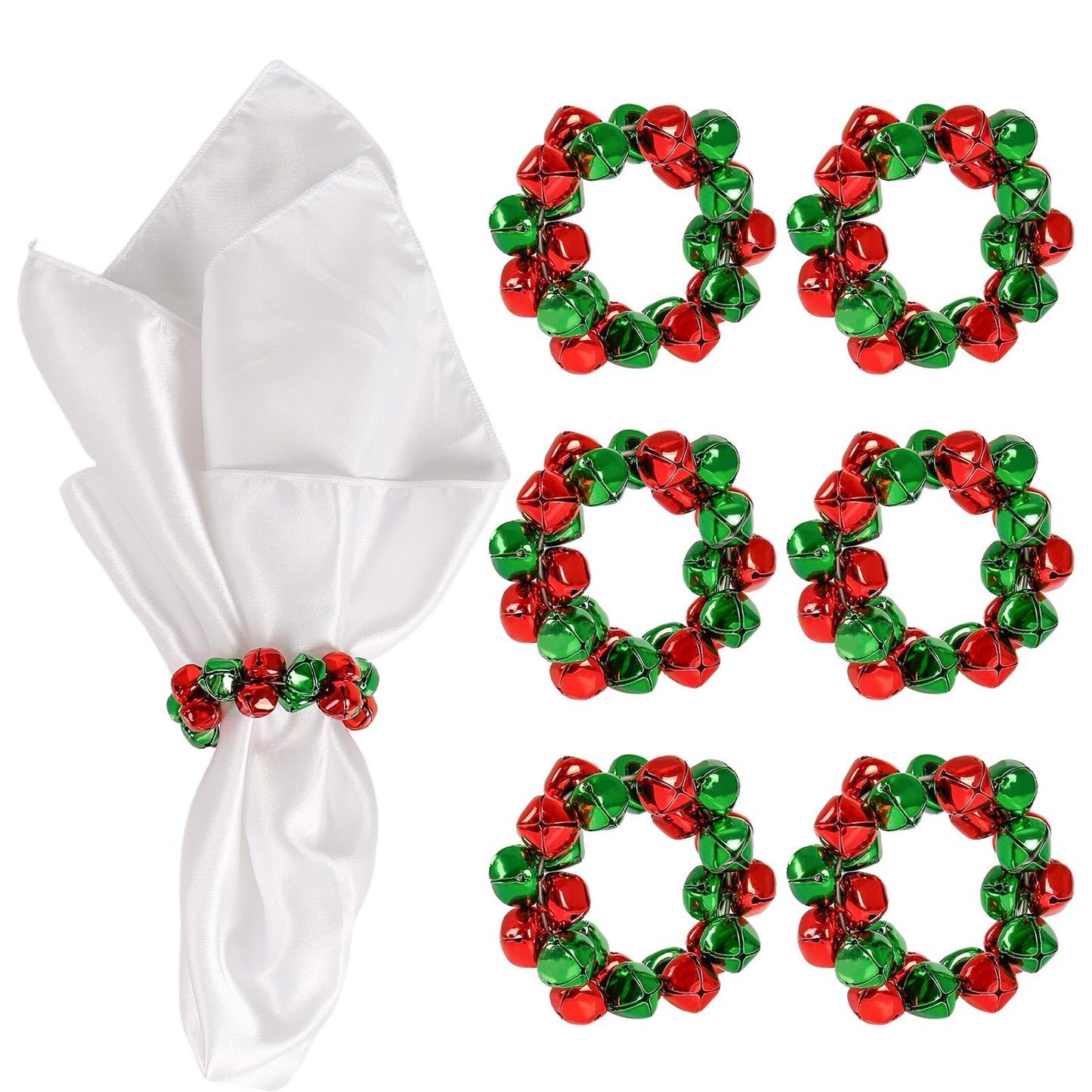 Getfitsoo Christmas Napkin Rings Set of 6, Thanksgiving Bells Napkin Rings with Green and Red Bell Metal Buckles for Christmas Table Decor, Weddings, Parties