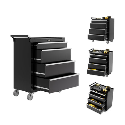 Rolling Tool Box with Wheels – 4 Drawer Heavy Duty Tool Chest Cabinet, Lockable Portable Storage Organizer with Drawer Liners, Mobile Mechanic Toolbox for Garage, Workshop, Shop, Easy Assembly, Black