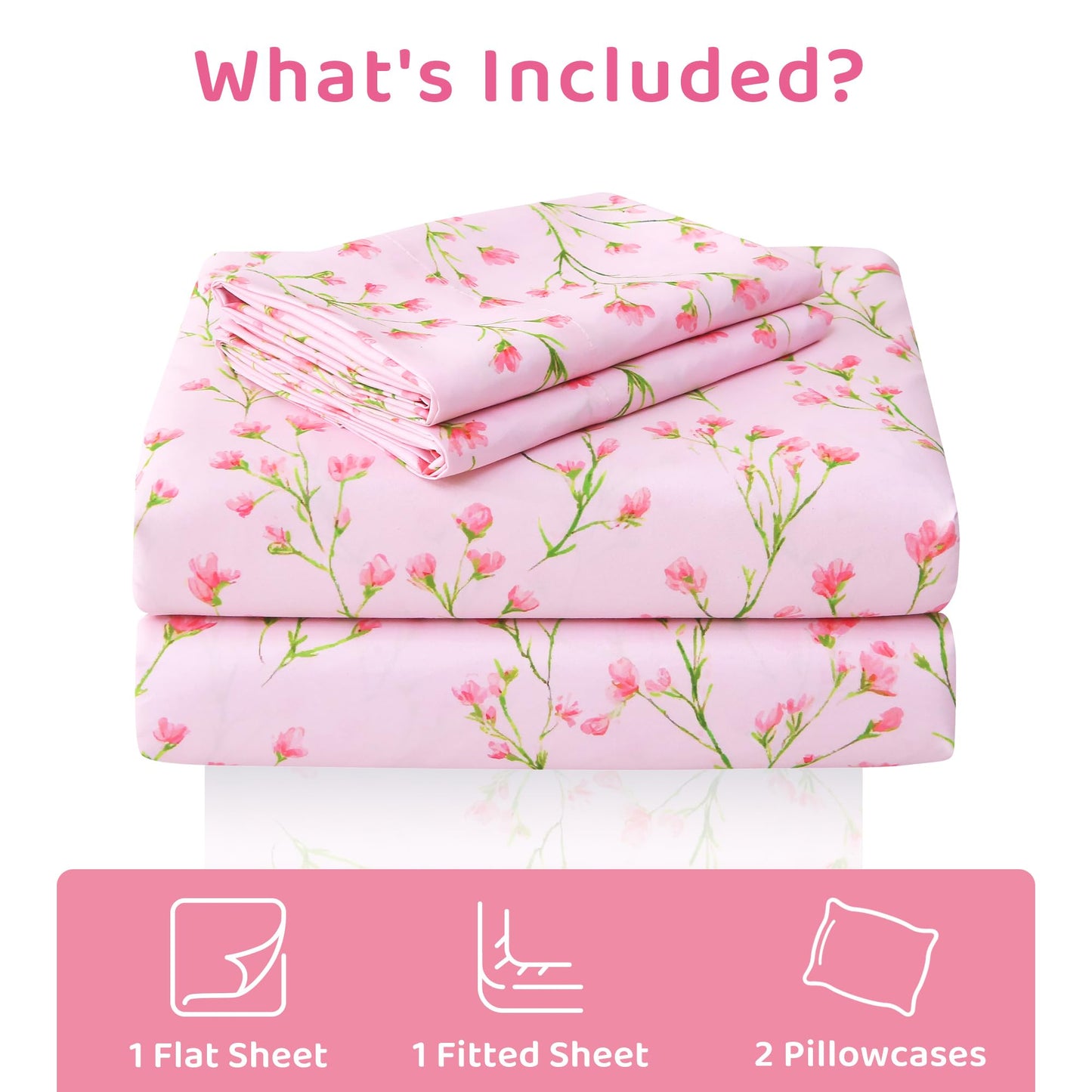 Mooreeke Cozy Floral Microfiber Printed Queen Sheet Set - Soft & Breathable Pink Flowers Bed Sheets with Deep Pocket - Non-Slip Fitted Design - Pink Flowers with Green Branches Pattern - Queen