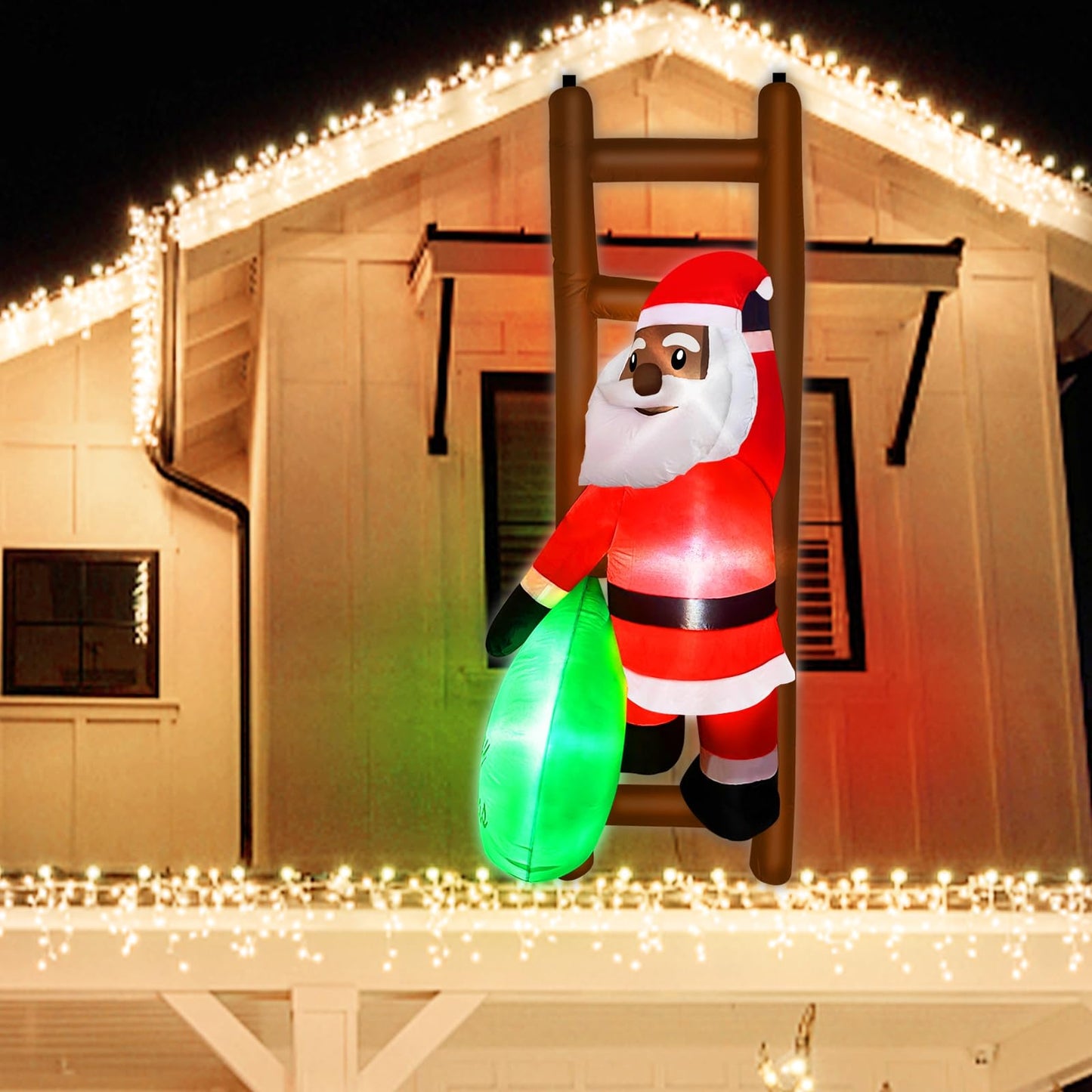 6 FT Hanging Christmas Inflatables Black Santa Claus with Gift Bag Climbing on Ladder, Blow Up African American Christmas Decorations Outdoor Build-in LED Lights for Garden Decor Xmas Holiday Party