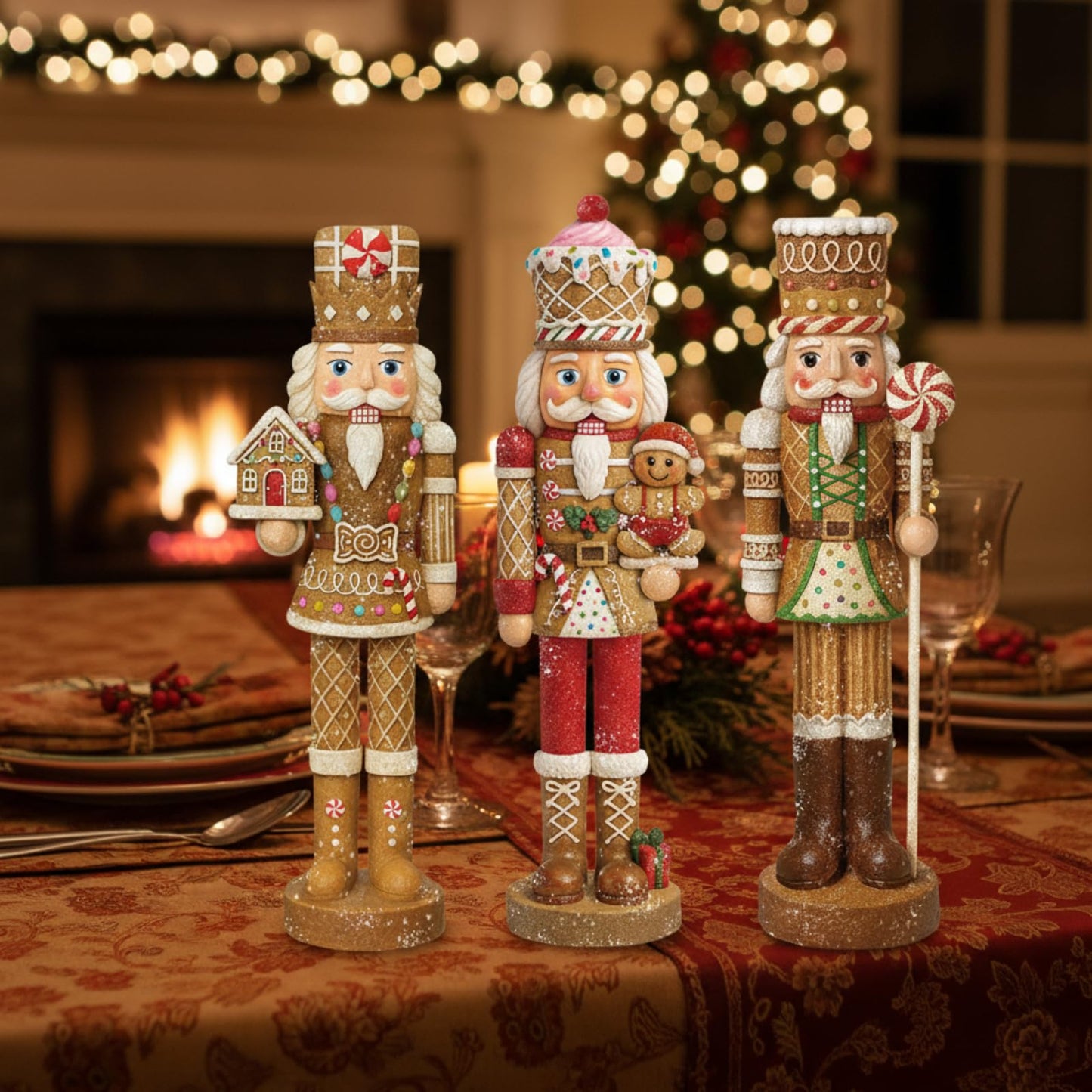 Simgoing 3 Pcs Gingerbread Nutcracker Figures Christmas Resin Nutcracker Figurines Holding Christmas Cookies, Gingerbread Men and Candy, Soldier Xmas Centerpieces Decor for Winter Table Party Favors