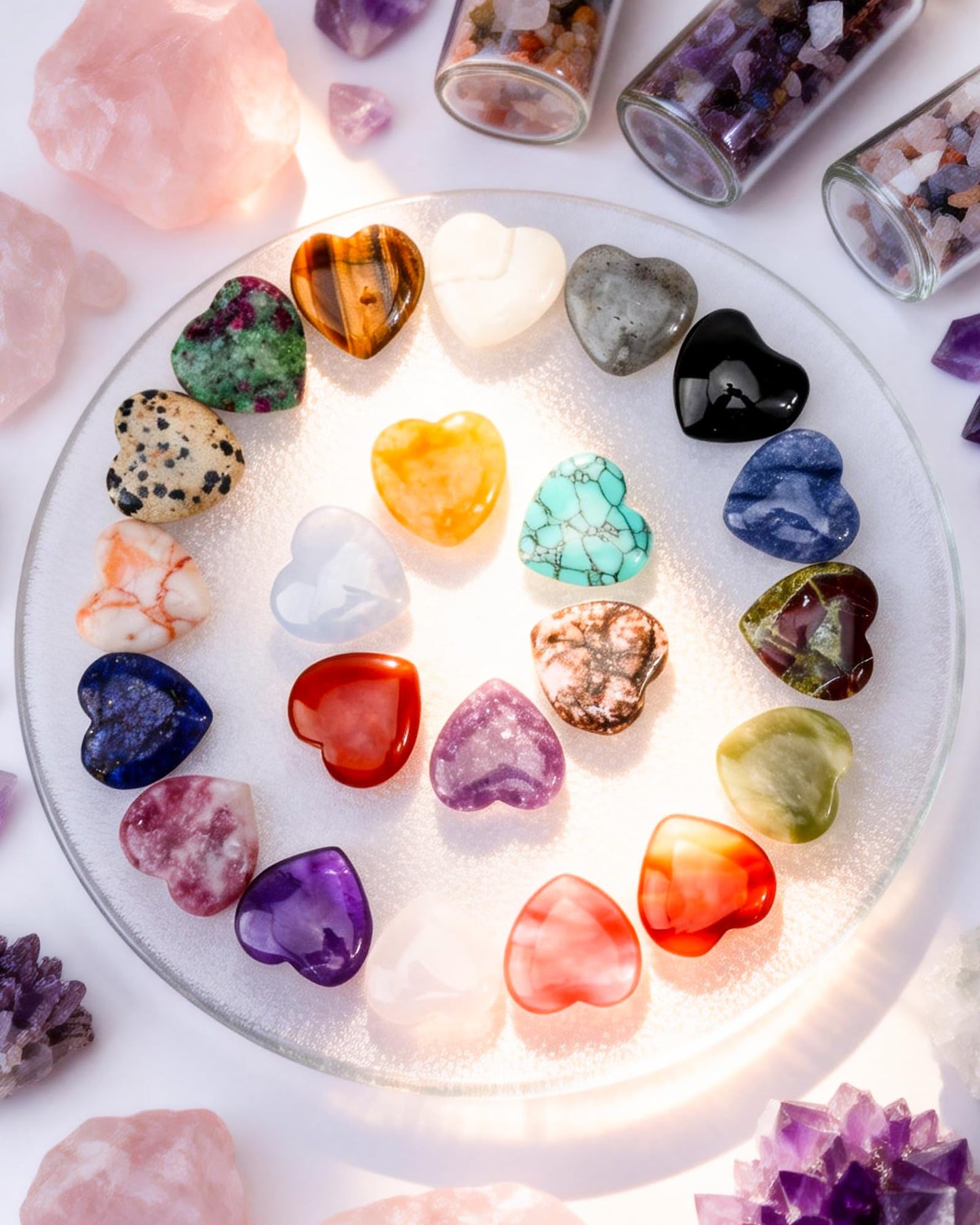 lulir 24 Pcs Natural Heart Crystals Healing Stones Set - 0.8" Pocket Reiki Gemstones for Meditation, Mini Heart Shaped Worry Stones for Anxiety, Chakra Energy Stone Bulk, Valentine's Day Gift