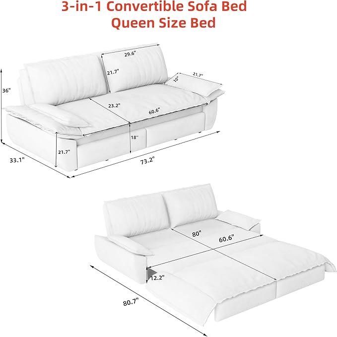 KEIKI 73.2" Queen Sleeper Sofa Bed, 3-in-1 Convertible Pull Out Couch