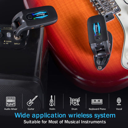 2.4GHZ Wireless Guitar System, Rechargeable Digital Wireless Guitar Transmitter Receiver with 4 Channels and Over 10 Hours Long Battery Endurance for Electric Guitar Bass