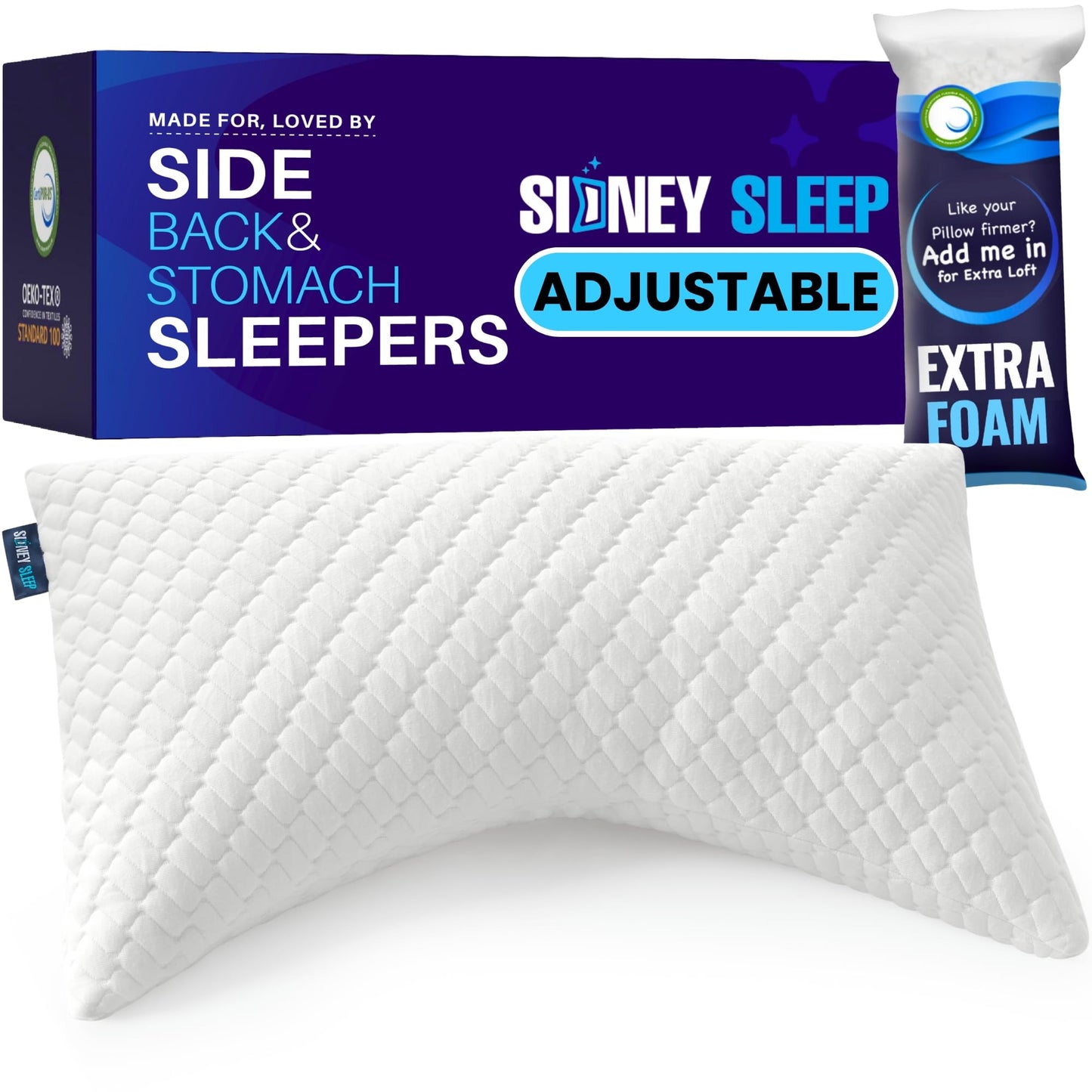 Sidney Sleep Pillow for Side and Back Sleepers - Comfort for Neck and Shoulder Pain - Adjustable and Customizable Shredded Memory Foam Filling - Queen Size - Includes Additional Foam Fill (White)