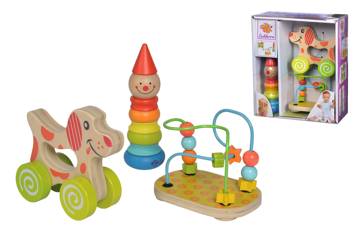 Eichhorn 100003750 Educational Play Set Consisting of Clown, Motor Skills Bow and Sliding Dog, 3 Pieces, Motor Skills Toy, Wooden Toy, 1 Year to 99 Years