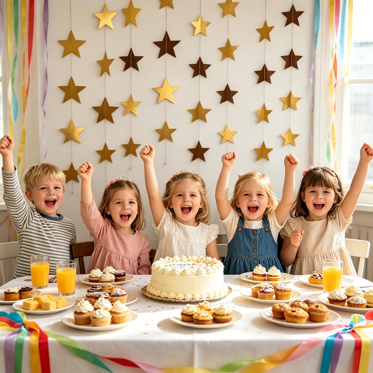 10 Pack Gold Star Garland 130FT Hanging Star Decorations, Double Sided Glitter Star Banner Streamers, Paper Star Garland for Party Wedding Birthday Graduation Ceiling Wall Decor