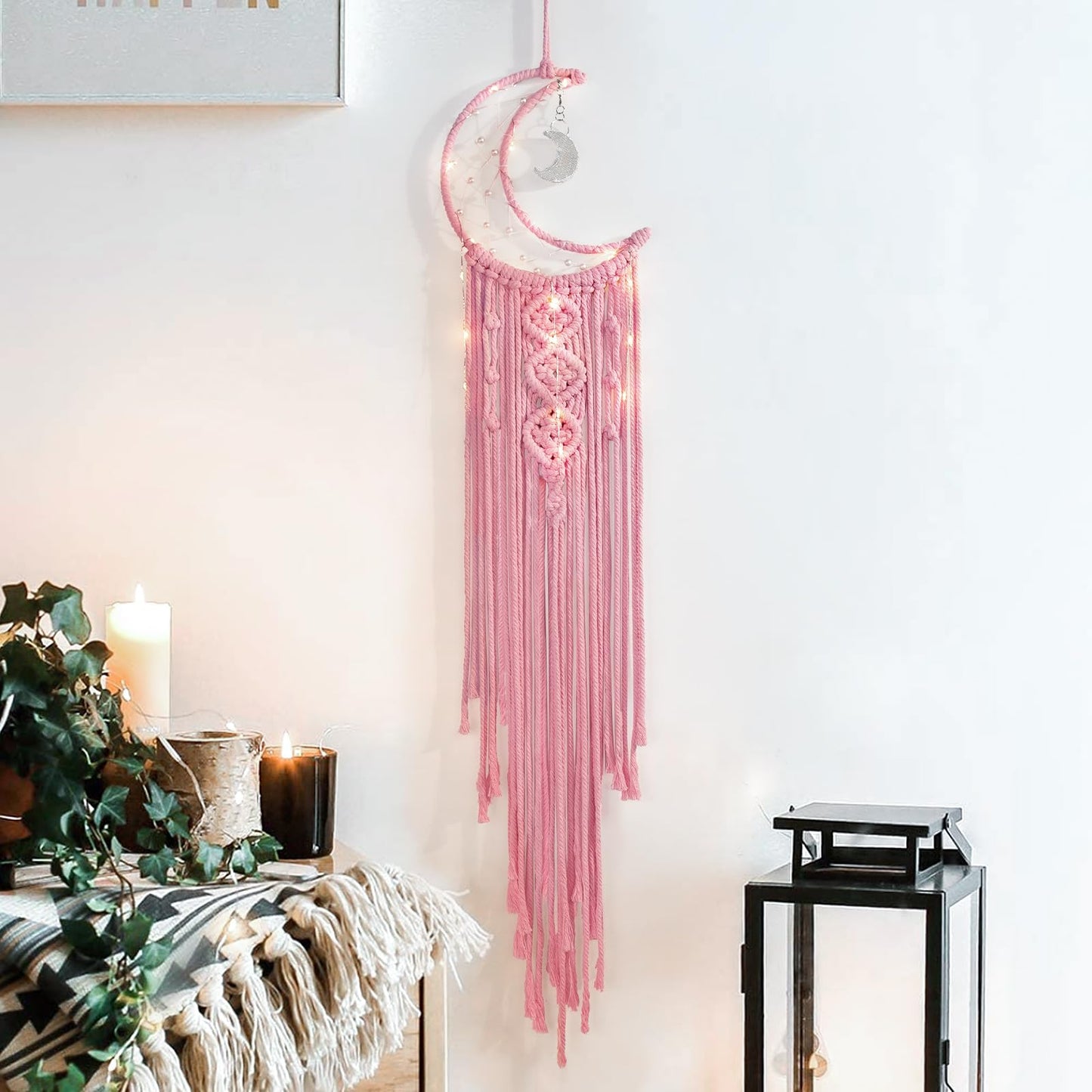 ANROYE Macrame Moon Dream Catcher for Girl, Pink Boho Crescent Dreamcatcher for Bedroom Adult, Handmade Kids Nursery Room Wall Hanging with Star Pendant for Teen, Bohemian Home Decoration Idea