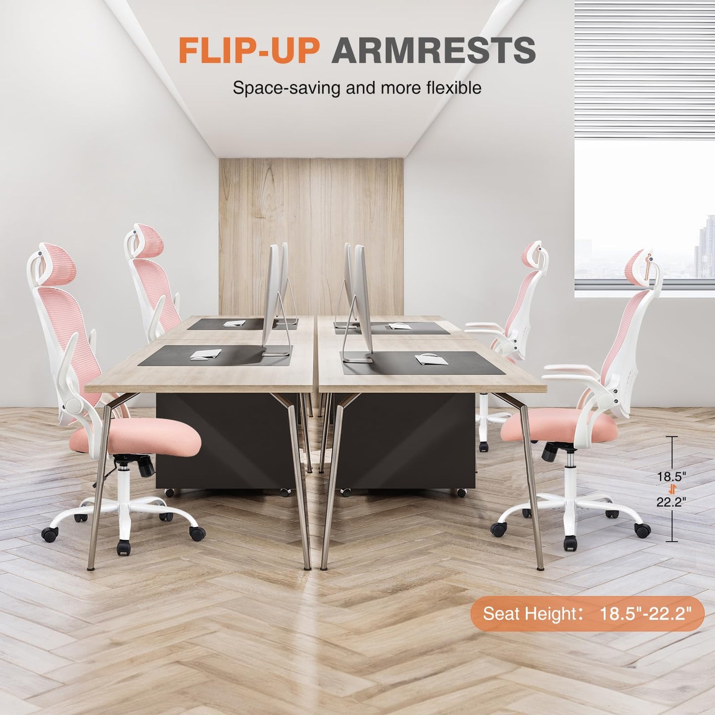 Sweetcrispy Office Computer Desk Chair, Ergonomic High-Back Mesh Rolling Work Chairs with Wheels and Adjustable Headrests, Comfortable Lumbar Support, Comfy Flip-up Arms for Home,Bedroom,Study, Pink