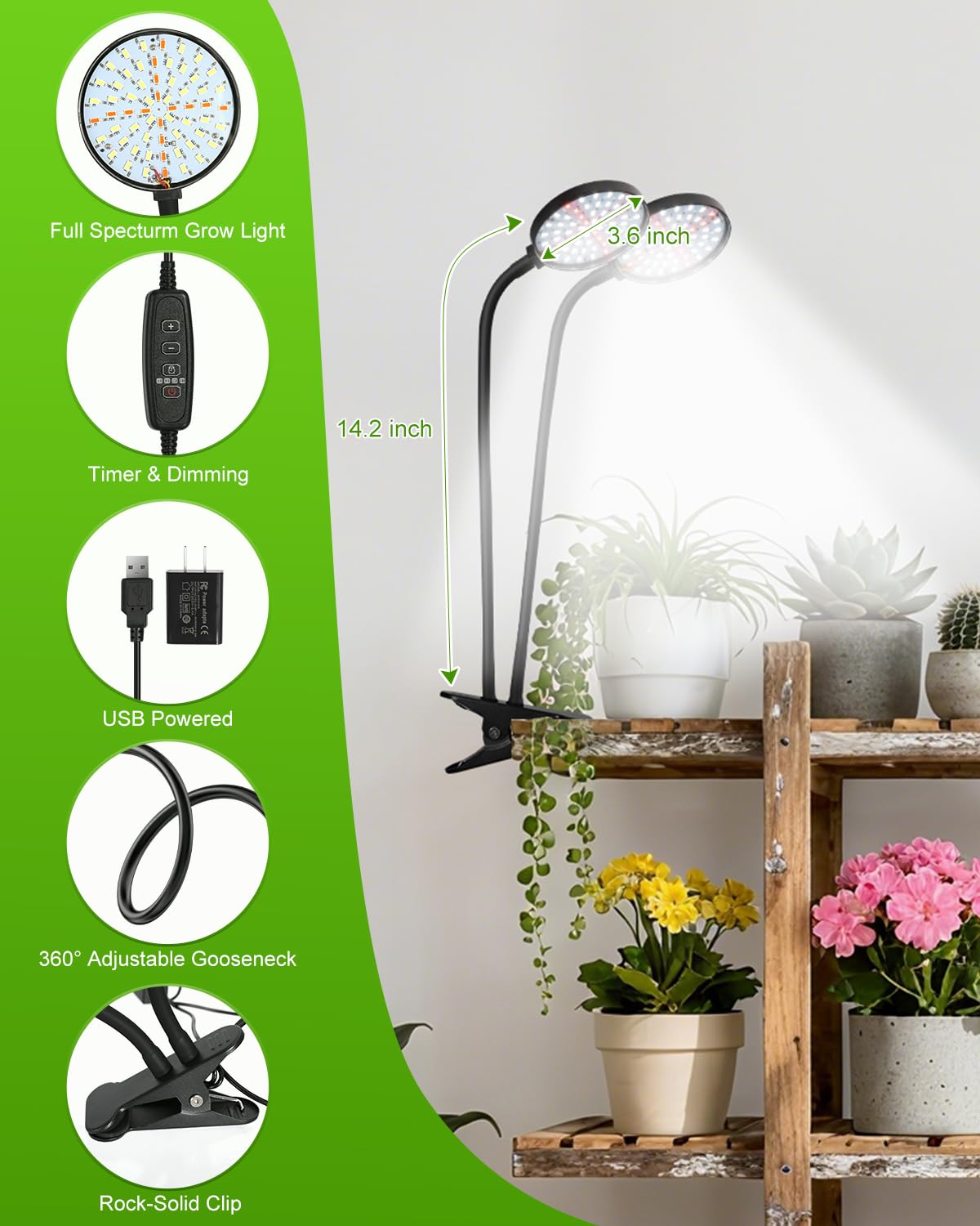 Grow Lights for Indoor Plants Full Spectrum, Clip On Plant Light with Timer 4/8/12/18H, Adjustable Gooseneck, 5 Dimming Levels, LED Grow Lamp for Houseplants