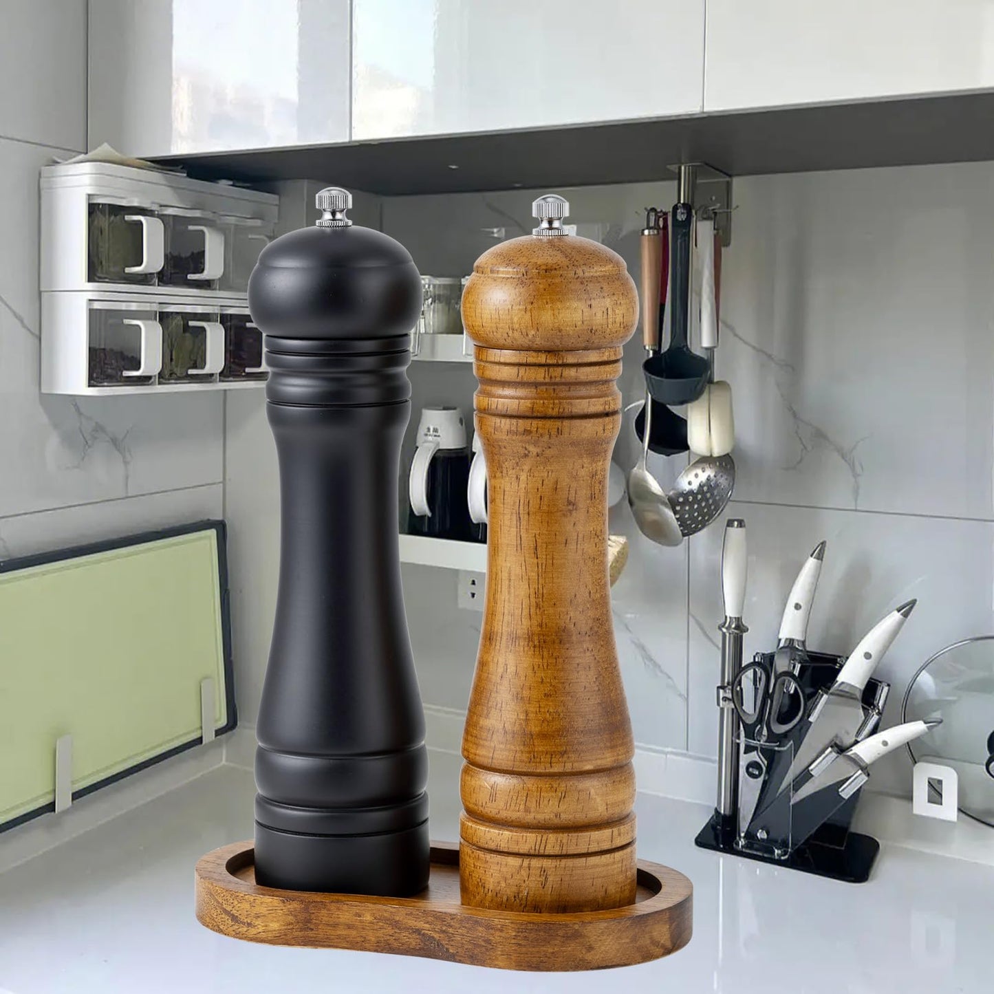 BINHAI Salt and Pepper Wood Mill Tray, Retro Colour Pepper Grinder Rest, Work Surface and Dining Table Protector (Pepper Mill not Included)