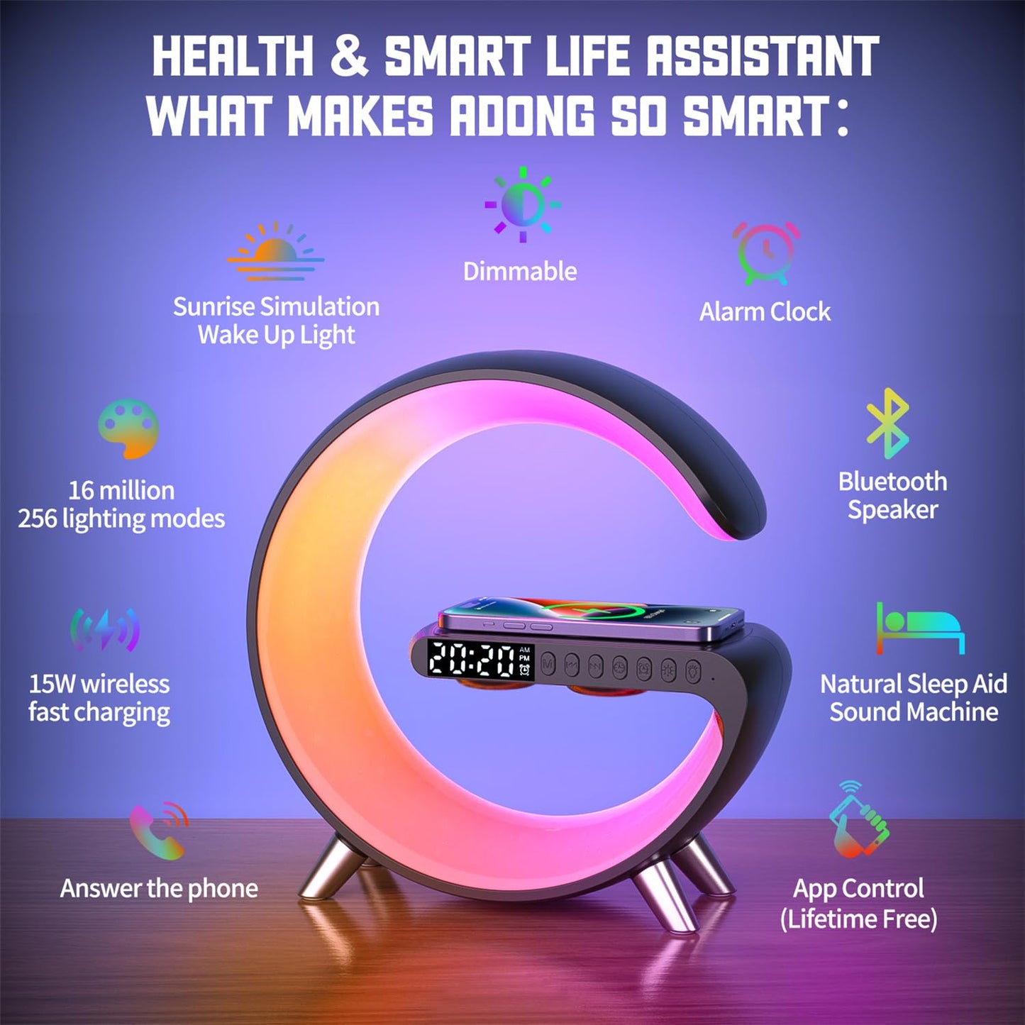 4 In 1 Smart LED Table Lamp, Alarm Clock, Wireless Charger, Night Light, Bluetooth Speaker with App Control, Bedside Lamp for Bedroom, Office, Home Decor, Family, Girls Boys Birthday Festival Gifts