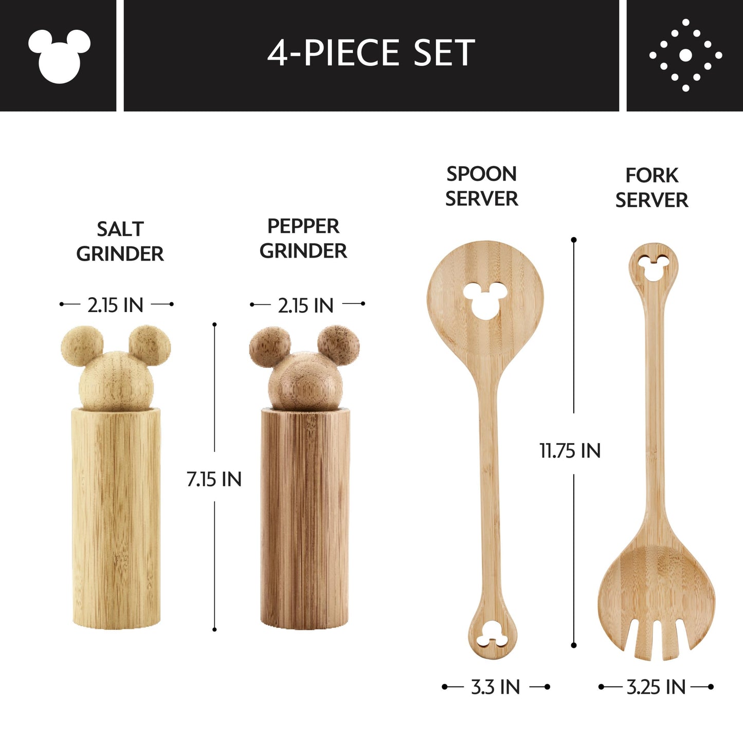 Disney Home Monochrome Bamboo Salad Server/Wood Serving Utensils with Salt and Pepper Grinder Set, 4 Piece - Bamboo