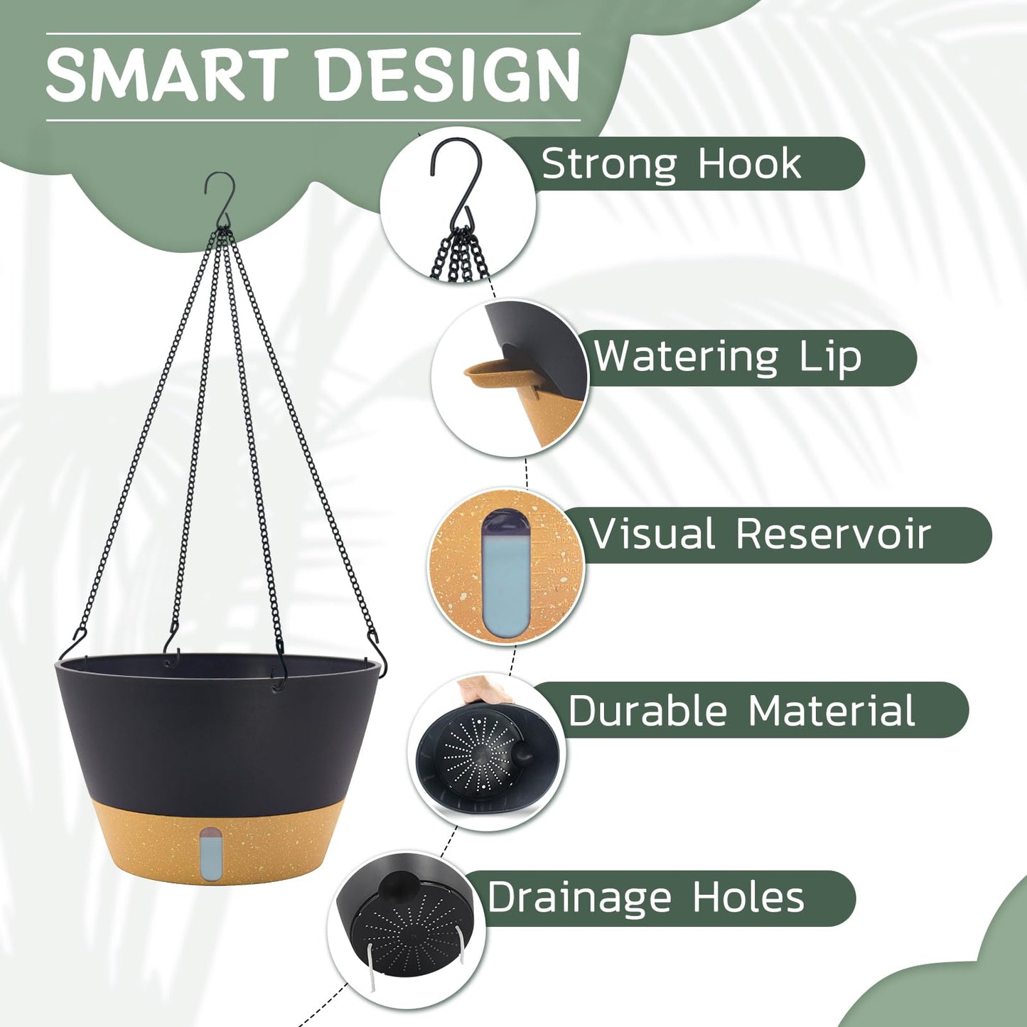ZMTECH 12 Inch Hanging Planters for Indoor, 2 Pack Large Hanging Plant Pot with Visible Water Level and Chain, Self Watering Hanging Flower Pot for Outdoor Garden Porch(Dark Gray)