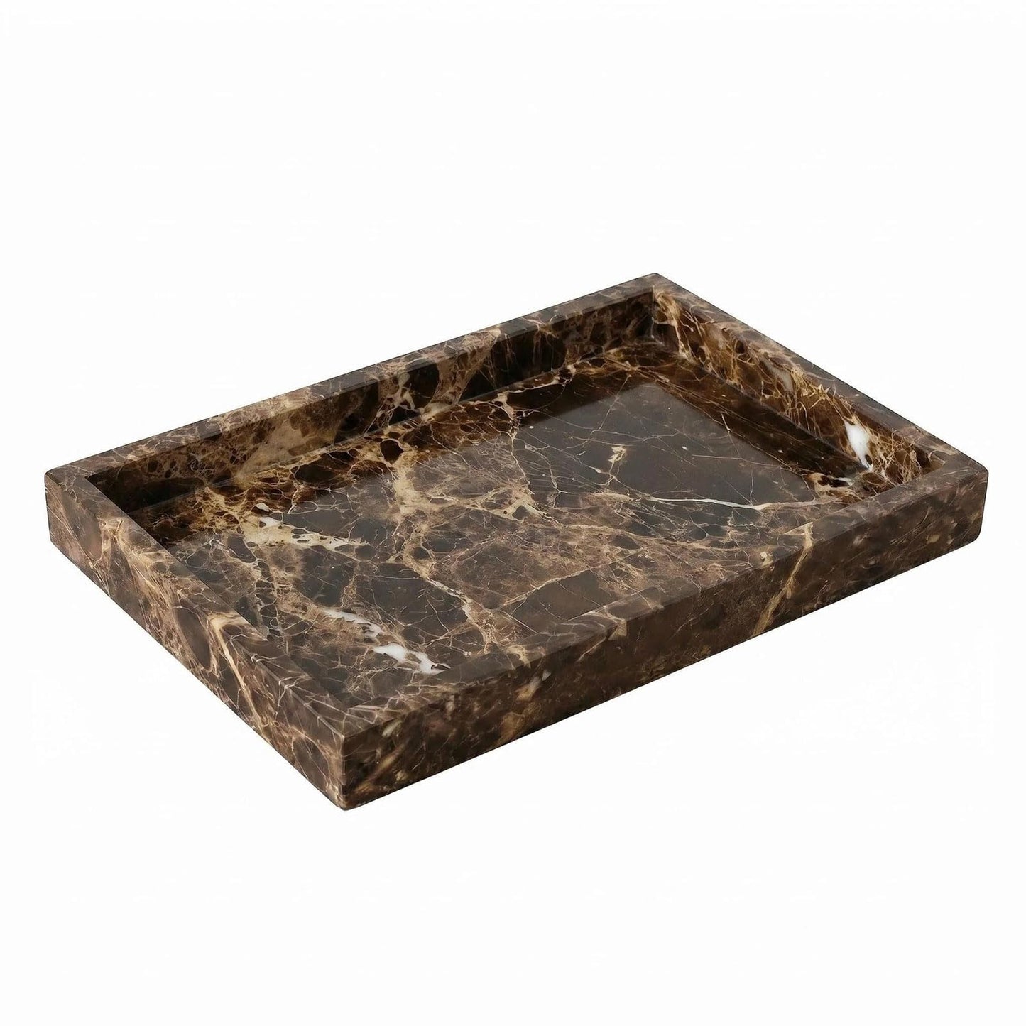 AUSAULAC Natural Marble Tray Heavyweight Stone Vanity Tray for Bathroom Countertop, Coffee Table & Dresser - Handcrafted Rectangular Organizer (Coffee Brown, 12" x 8" x 1.2")