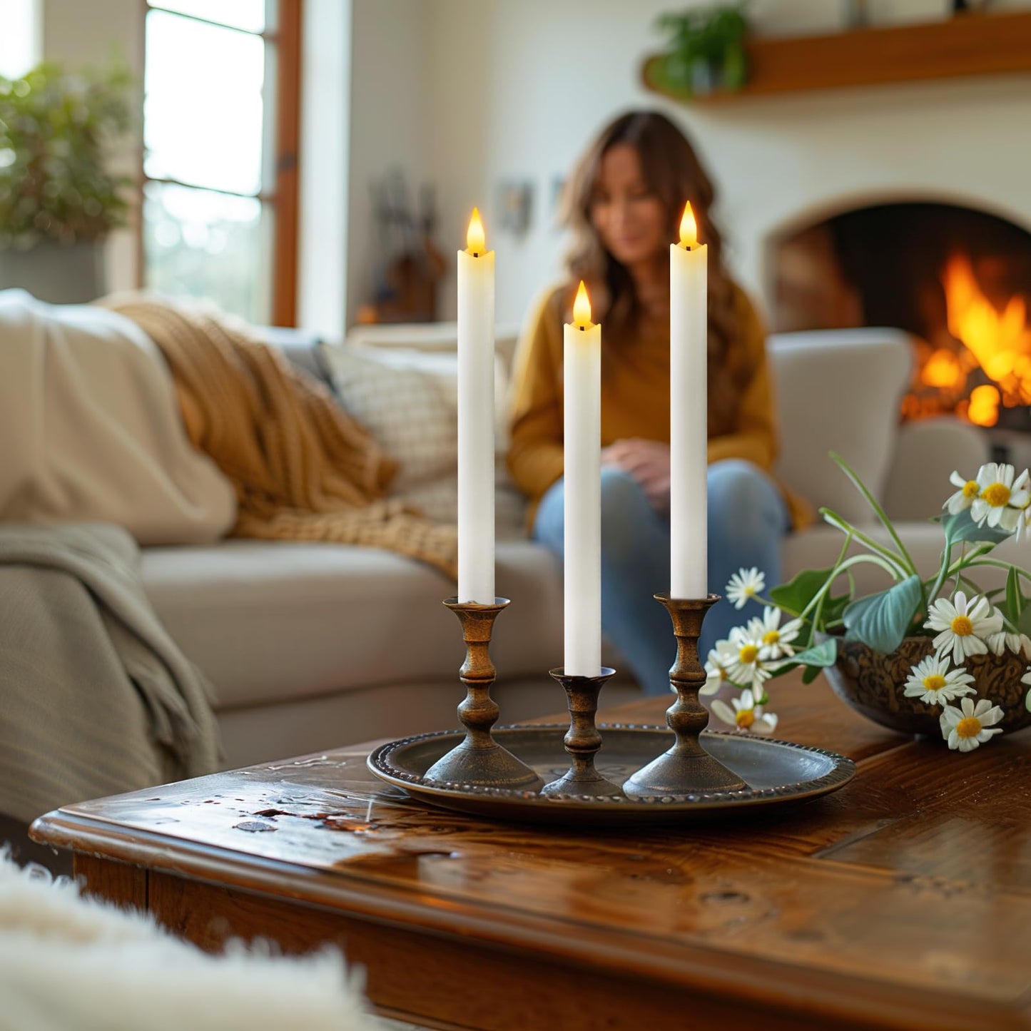 Homemory Rechargeable Flameless Taper Candles, Real Waxy LED Candlesticks Flickering, Battery Operated Candles with Remote Timer, 9.6 Inches for Home Wedding Christmas Decor, 6 Pcs, White