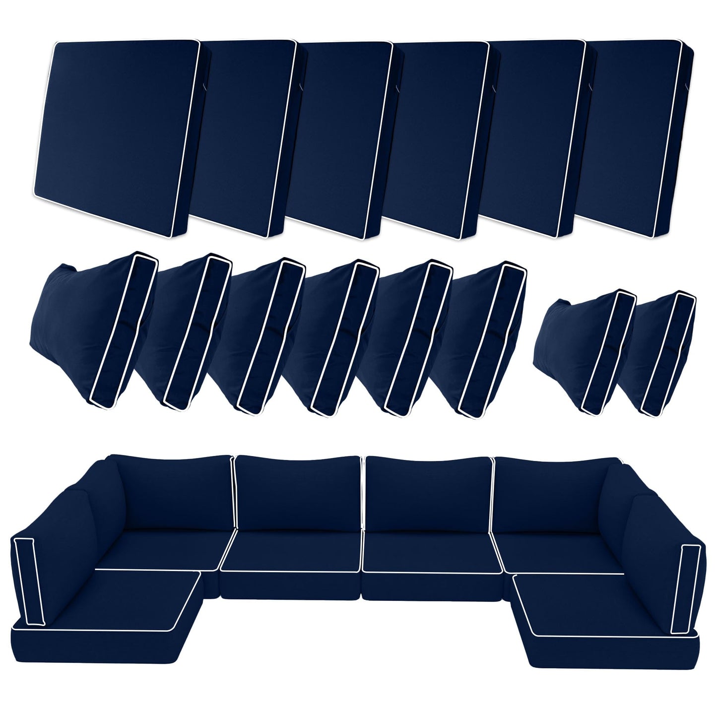 14 Piece Outdoor Patio Cushion Covers Replacement, Waterproof Outdoor Furniture Cushion Covers, Fit 7 Pcs 6 Seater Wicker Rattan Conversation Sofa Set, Navy Blue+White Piping(Only Cover) 25.6x25.6"