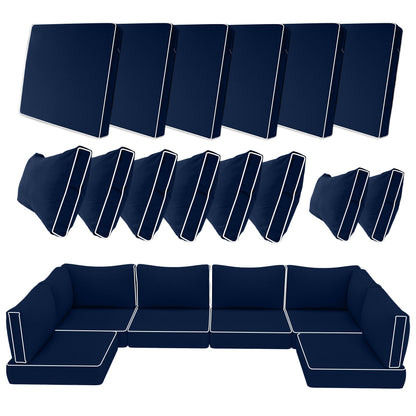 14 Piece Outdoor Patio Cushion Covers Replacement, Waterproof Outdoor Furniture Cushion Covers, Fit 7 Pcs 6 Seater Wicker Rattan Conversation Sofa Set, Navy Blue+White Piping(Only Cover) 25.6x25.6"