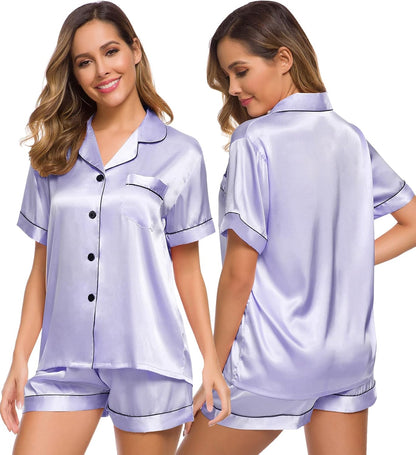 SWOMOG Womens Silk Satin Pajamas Set Short Sleeve Sleepwear Button Down Top and Shorts Loungewear 2 Piece Pjs Set XS-3XL