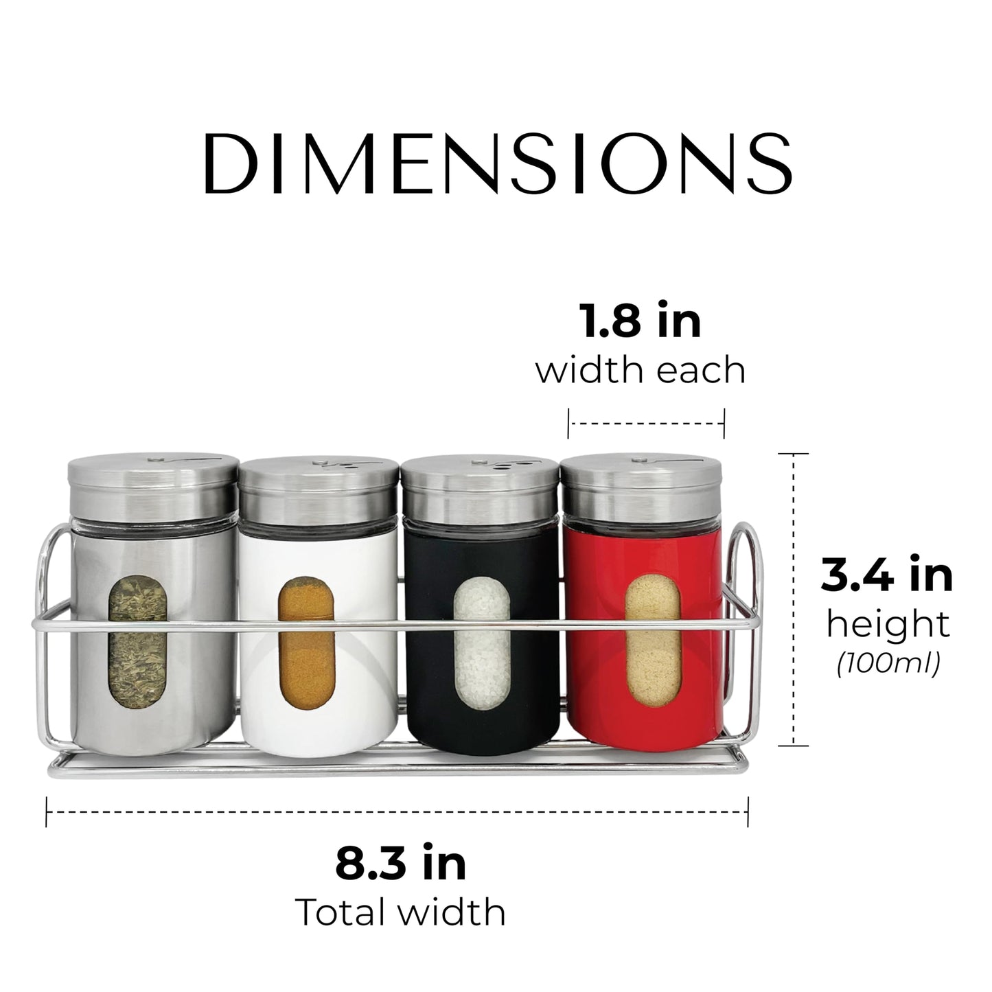 JS Gourmet 4 Pcs Stainless Steel Spice Seasoning Container Jars with Storage Rack, Perfect for Storing Spices, Salt, Pepper, Sugar and Dry Ingredients