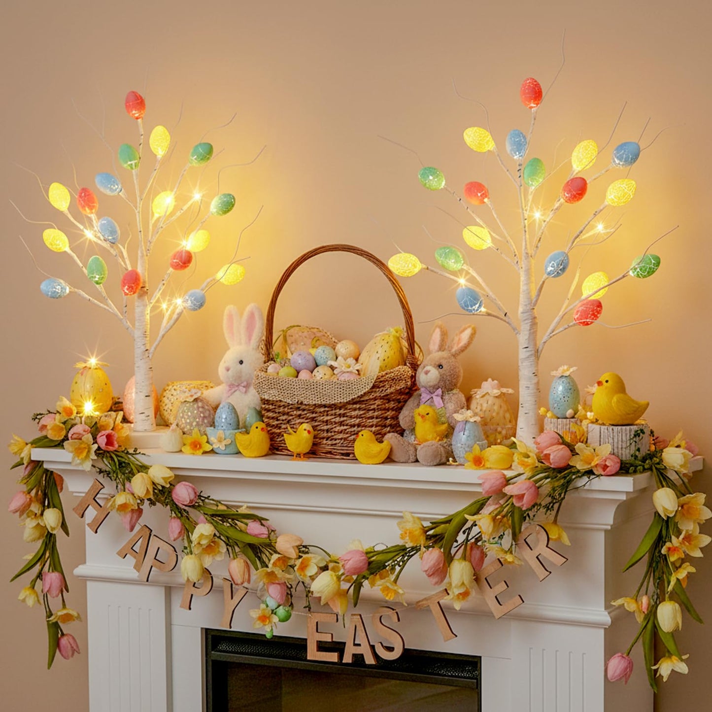 Vanthylit Easter Decorations, 2 Pack Lighted Easter Tree Battery Operated with Timer, 22 Inch LED Birch Tree with 36 Egg Ornaments Indoor Tabletop Centerpiece Light for Home Decor