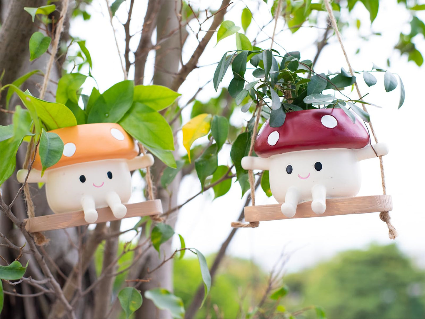 2pcs Mushroom Smily Swing Face Planter Pot, Cute Hanging Resin Flower Head Planter for Indoor Outdoor Plants,Gift IdeaI for Mother,Father and Appreciation Christmas with Drainage Hole (Red&Yellow)