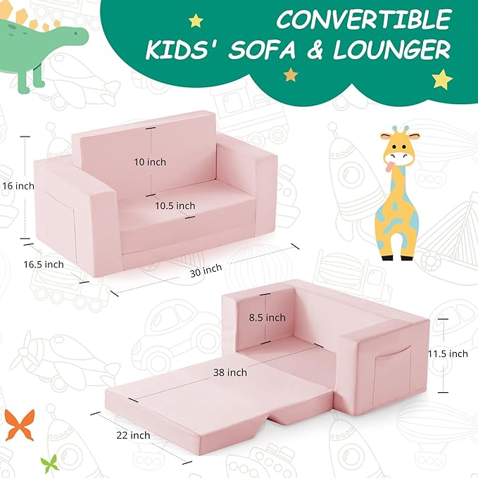 Kids Couch, 2-in-1 Toddler Chair Comfy 1-3 Years, Convertible Kids Chair