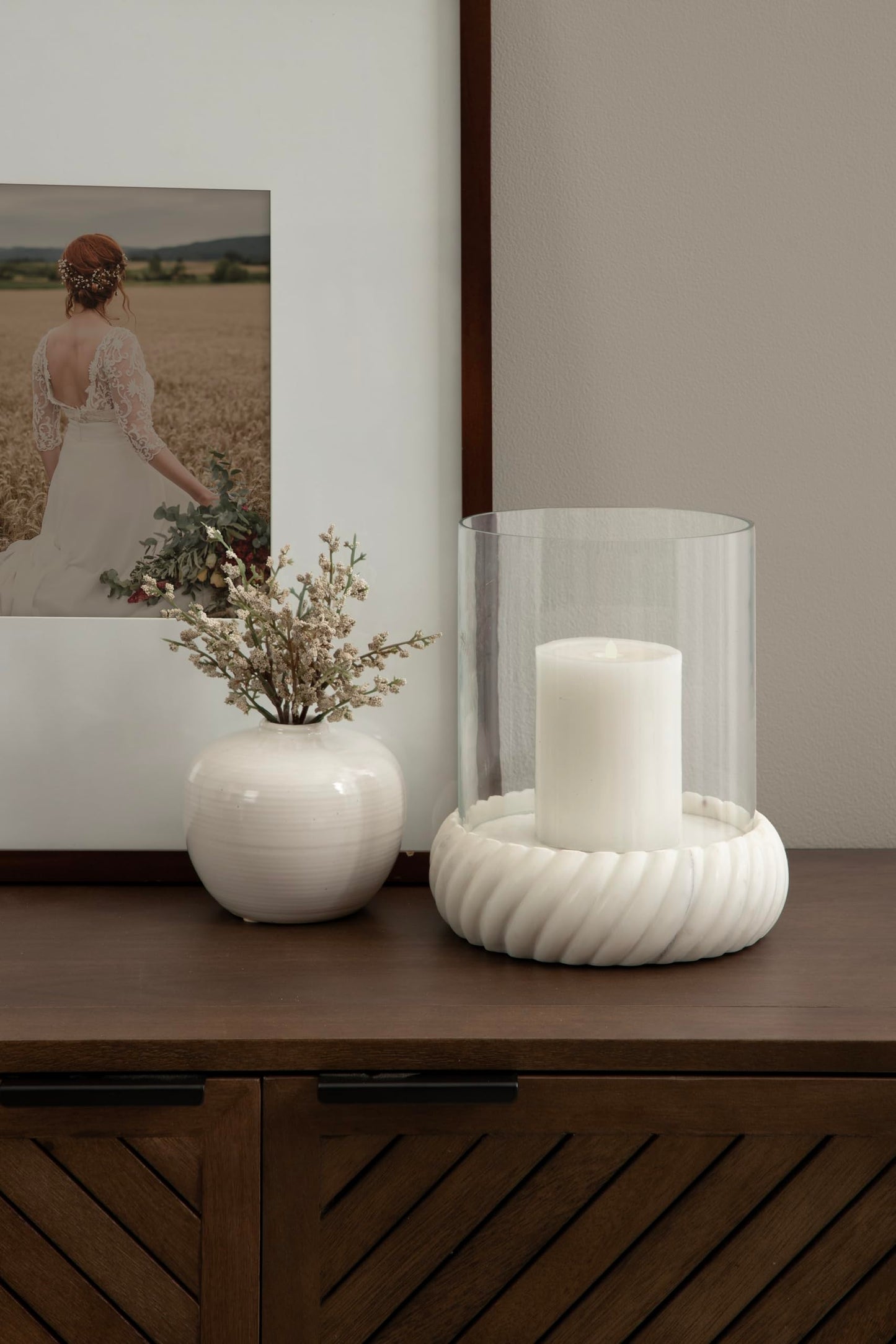 Kate and Laurel Trenza Modern Marble Candle Holder with Glass Cylinder, 8 x 8 x 9, White Marble, Transitional Twisted Base Pillar Candle Holder with Hurricane for Entryway or Living Room Decor