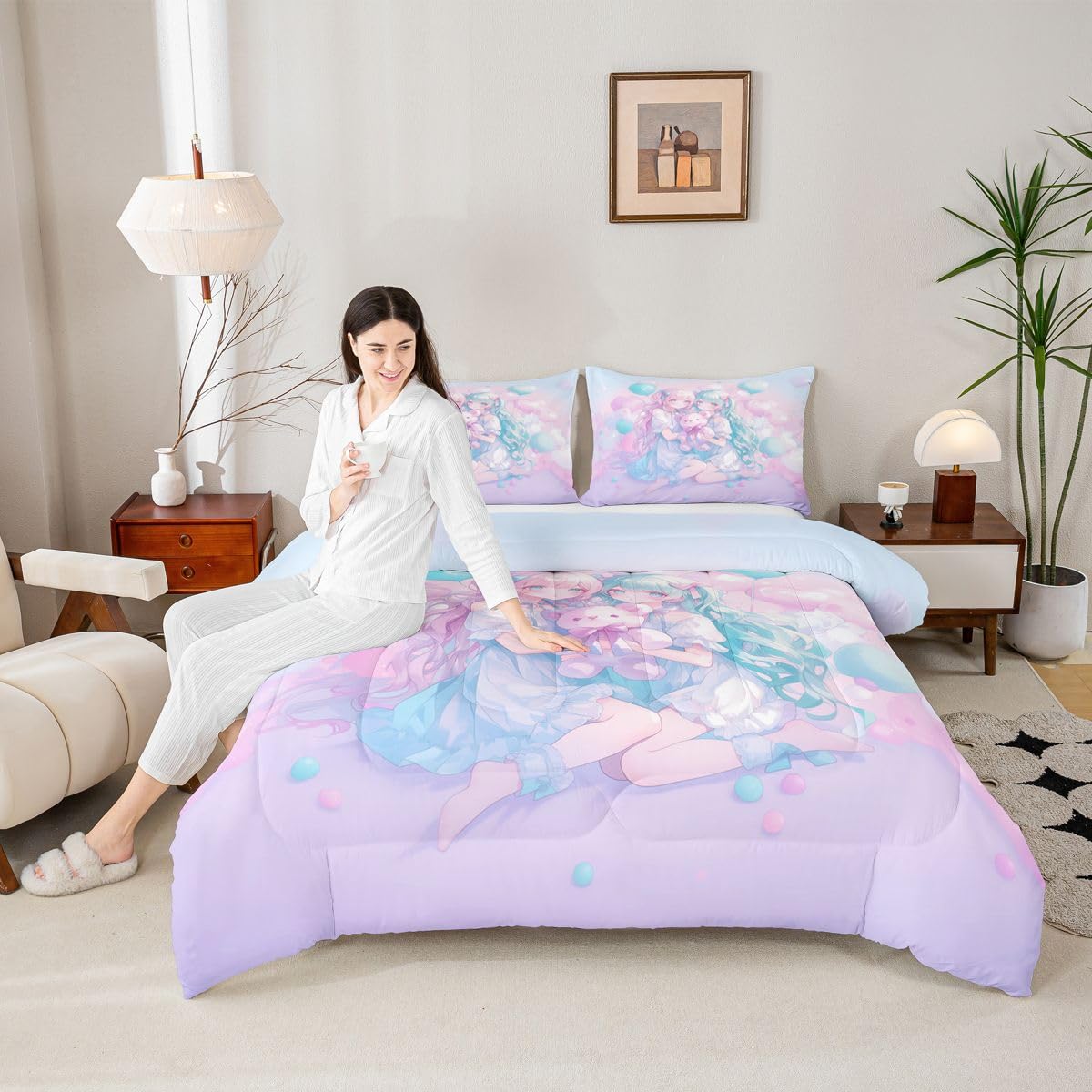 Erosebridal Anime Girl Kids Bedding | Girly Friendship Twin Comforter Sets,Fantasy Dreamy Girls Comforter Romance Ballons Duvet Insert with 1 Pillow Case