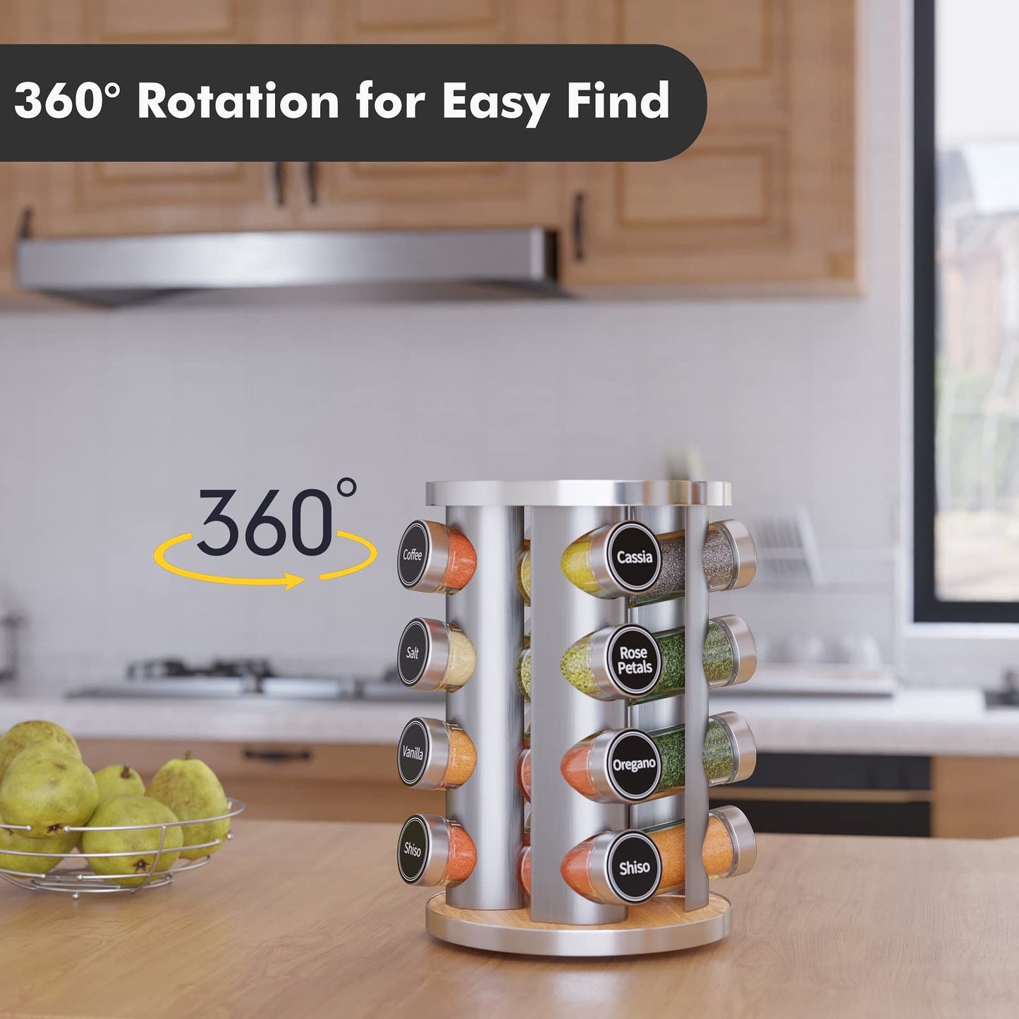 Revolving Spice Rack Set with 20 Spice Jars, Kitchen Spice Tower Organizer for Countertop or Cabinet -- Carousel Storage Includes 386 Spice Labels -- Desktop Rotating Seasoning Organizer