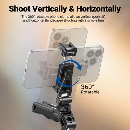 NEEWER Metal Phone Tripod Mount with Cold Shoes, 1/4" Thread, 180° Tilt, 360° Rotation, Adjustable Phone Clamp Holder Compatible with iPhone 17 Pro Max 16 15 Samsung S25 S24 Ultra Camera Cage, GA010