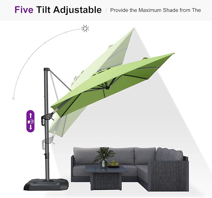 PURPLE LEAF 8 Feet Square Cantilever Umbrella Patio Umbrella with Base Outdoor Umbrella Aluminum Offset with 360-degree Rotation for Garden Deck Pool Patio Apple Green