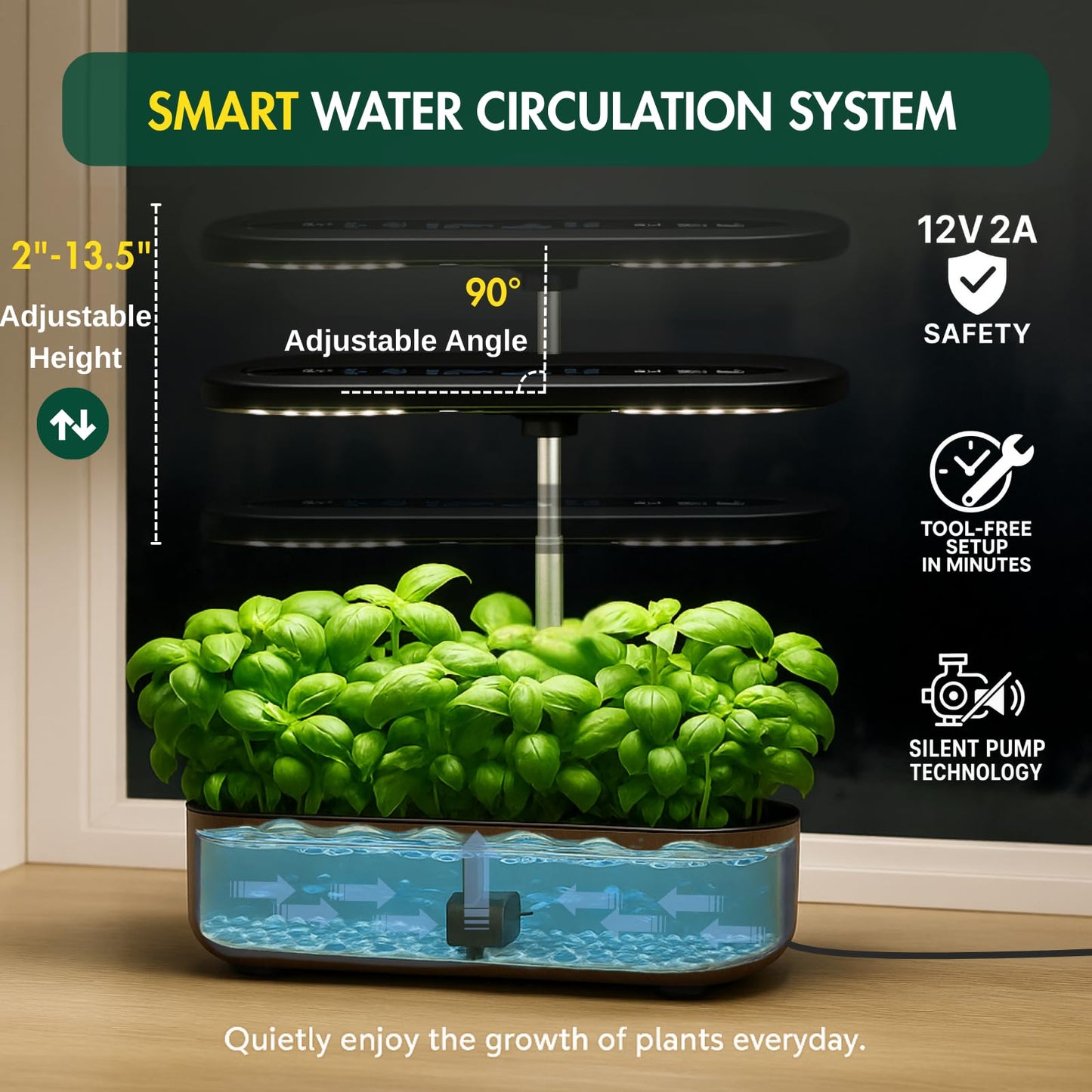 Hydroponics Growing System Kit, Indoor Herb Garden, 14 Pods Upgraded LCD Display, LED Grow Light Quiet Smart Water Pump Automatic Timer, Hydroponic Planter for Home Kitchen Office (Black)