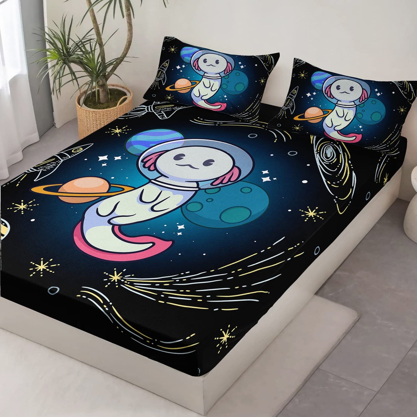 HOSIMA Axolotl Bedding Set for Kids Bedroom Decor, Space Cartoon Pattern Kawaii Wildlife Animals Reptile Toddler Twin Size Fitted Sheet With 2 Pillowcases