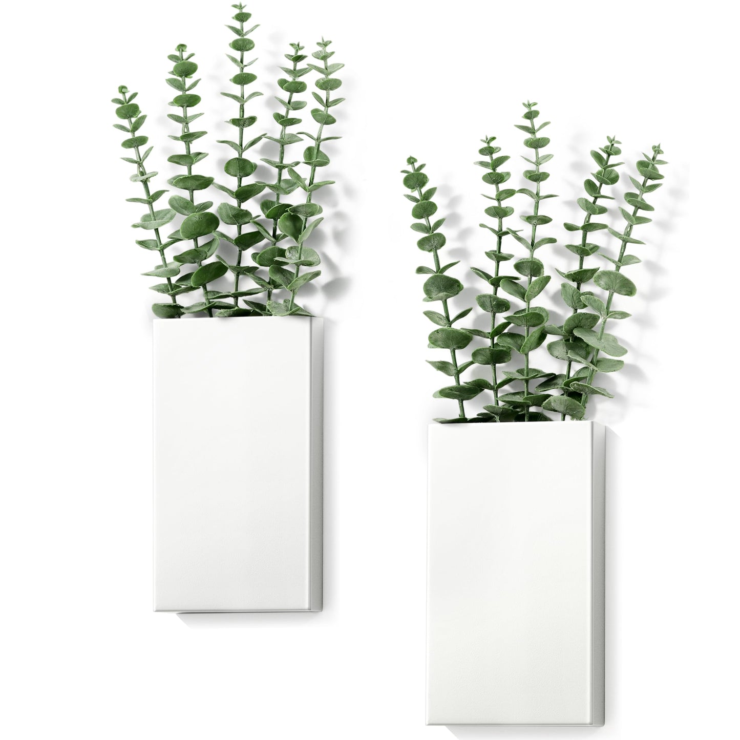2 Pack Metal Wall Planter Vases Decor with Artificial Eucalyptus, Modern Farmhouse Rustic Hanging Pocket Planters for Indoor Greenery and Flowers, Living Room Bedroom Kitchen Decoration, White