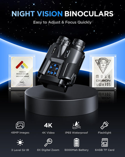 Diyimin 4K Night Vision Binoculars–8X Zoom/2000FT IR/5000mAh, 3'' HD Screen Night Vision Goggles for Adults mit 64GB TF Card, IP65 Waterproof & Tactical Light for Hunting,Camping & Security