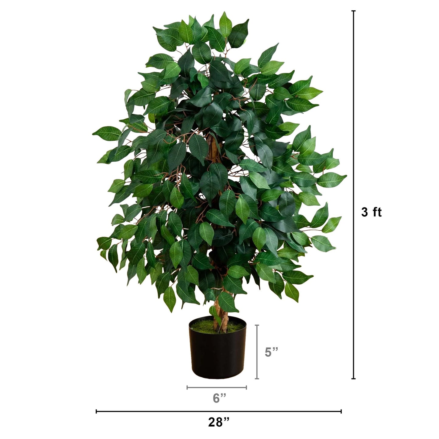 Nearly Natural 36in Triple Trunk Artificial Ficus Tree with Natural Wood Trunks, Fake Tree for Indoor Home Decor, Faux Ficus Plant in Black Nursery Pot