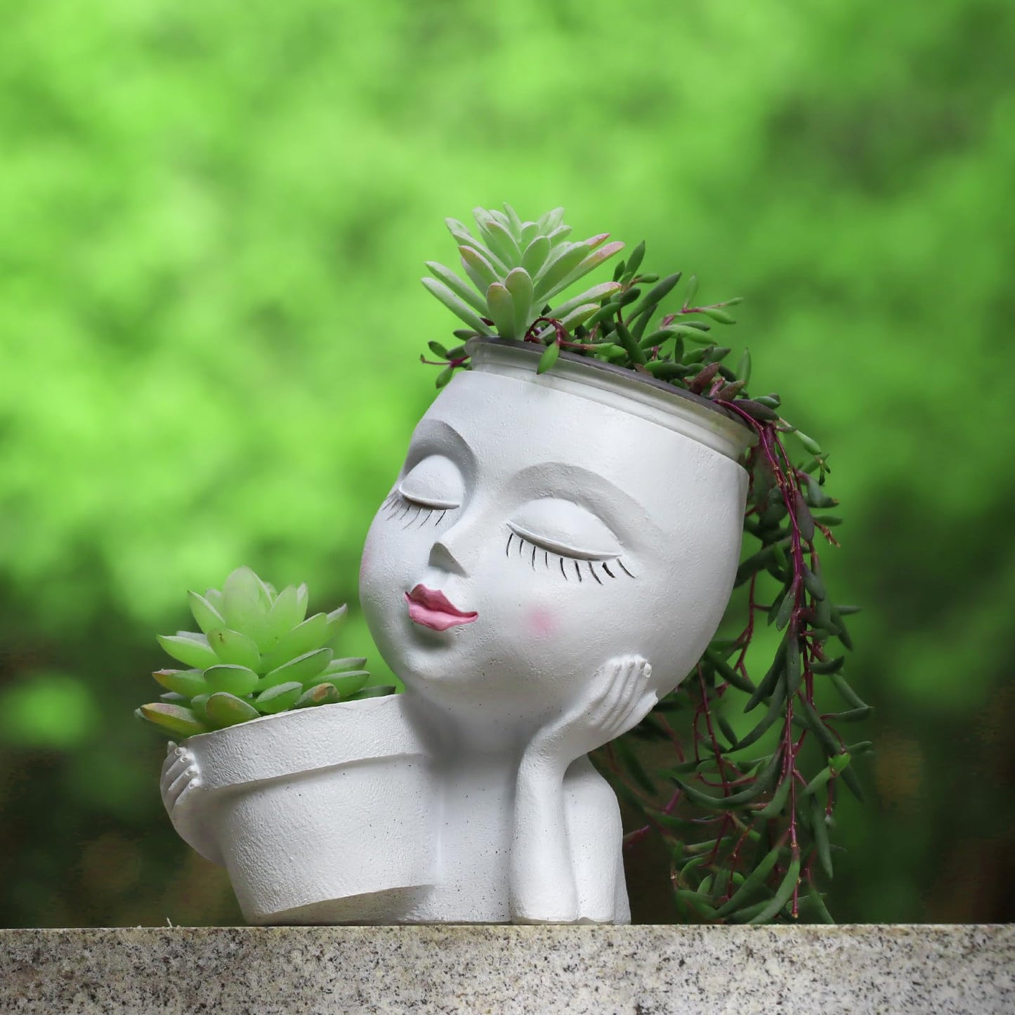 Face Planter Pot, 2-in-1 Resin Head Planter with Mini Pot, Cute Lady Flower Pots with Drainage for Indoor Outdoor Plants, Unique Succulent Cactus Planter, Ideal Gardening Gifts for Women Mom (White)