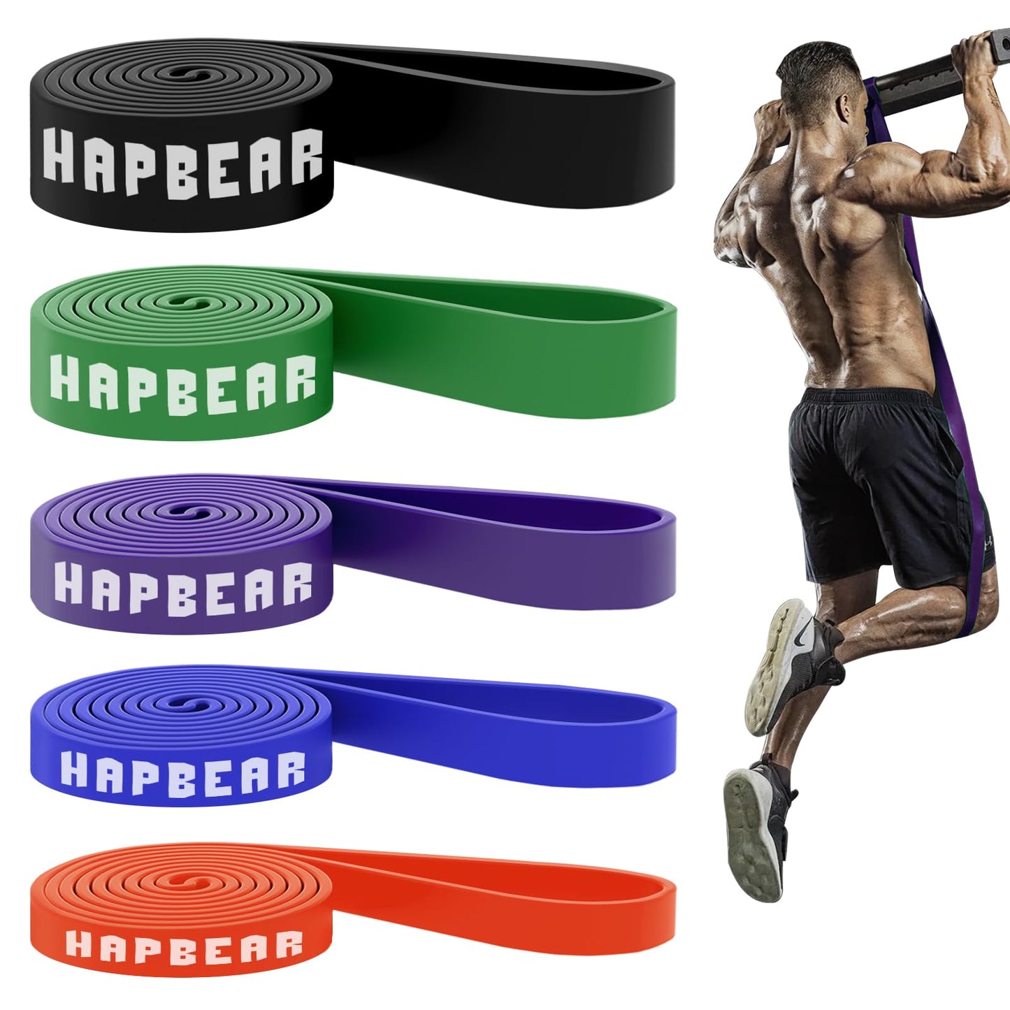 HAPBEAR Pull Up Assistance Bands Set of 5 - Resistance Bands for Working Out, Stretching, Physical Therapy, Muscle Training
